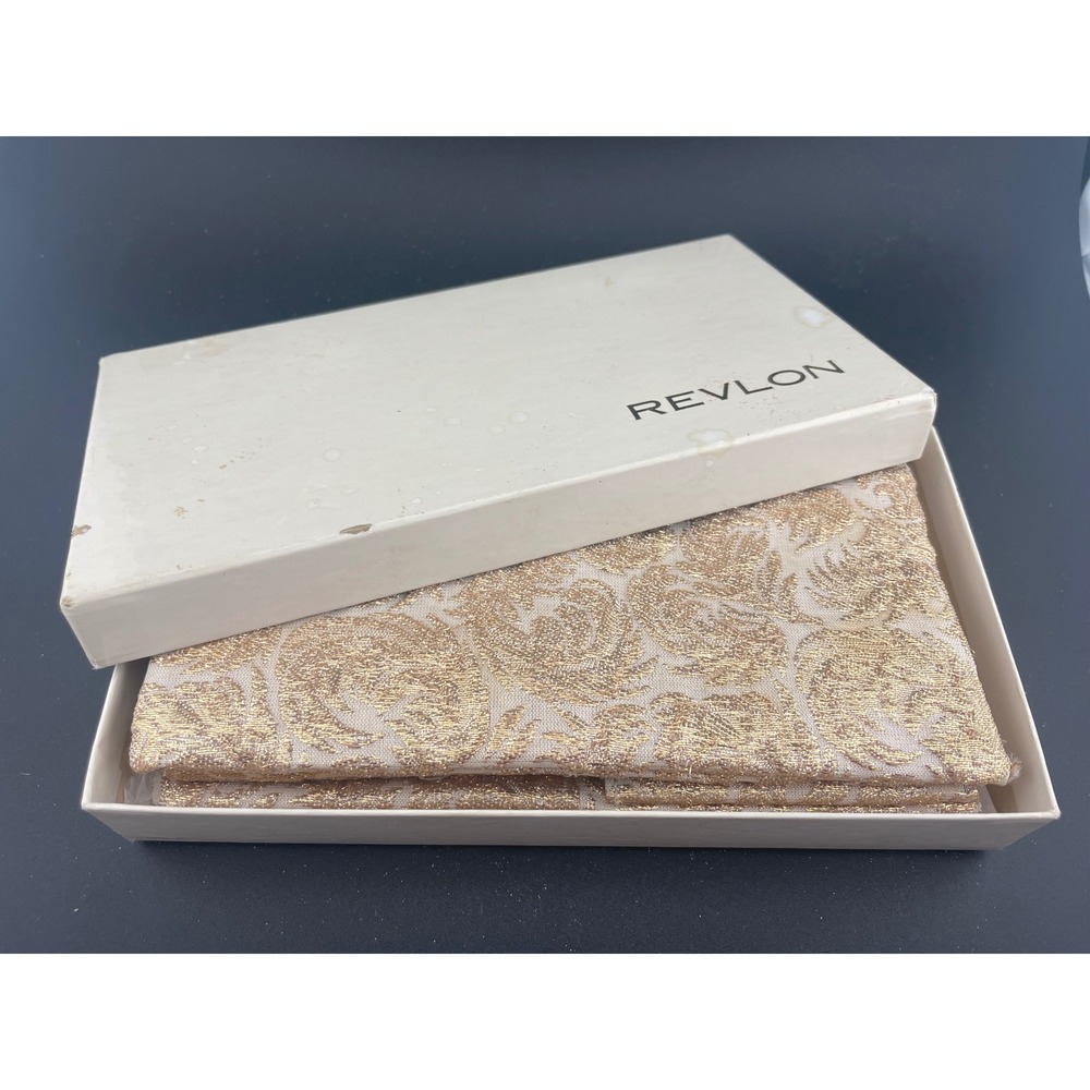Vintage Revlon Gold Lamé Evening Clutch Mid-Century Vanity Cosmetic Case w/ Box